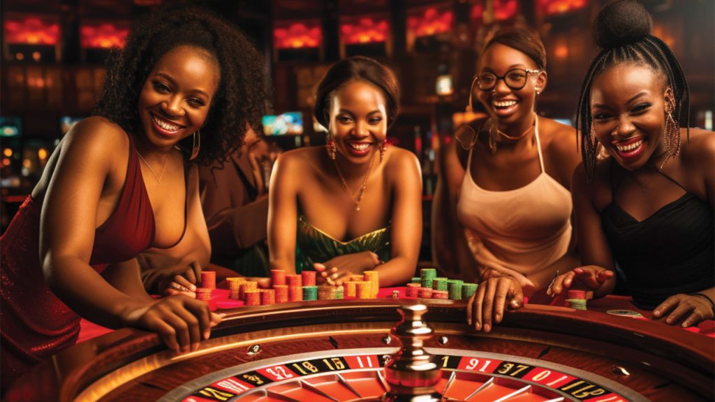 Four ladies seated round a roulette table in a Casino.