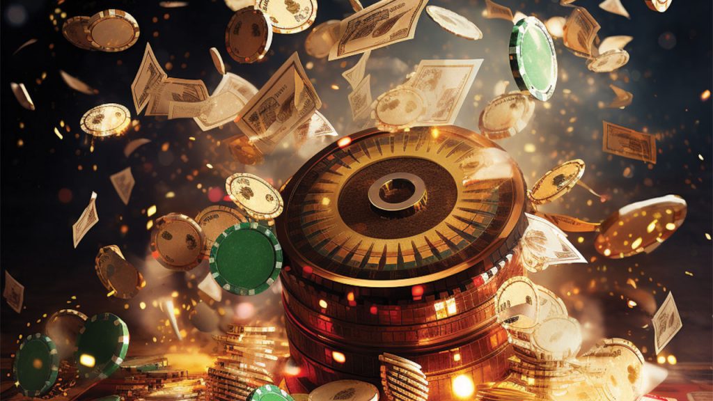 Bank notes, coins and Casino chips floating in the air.
