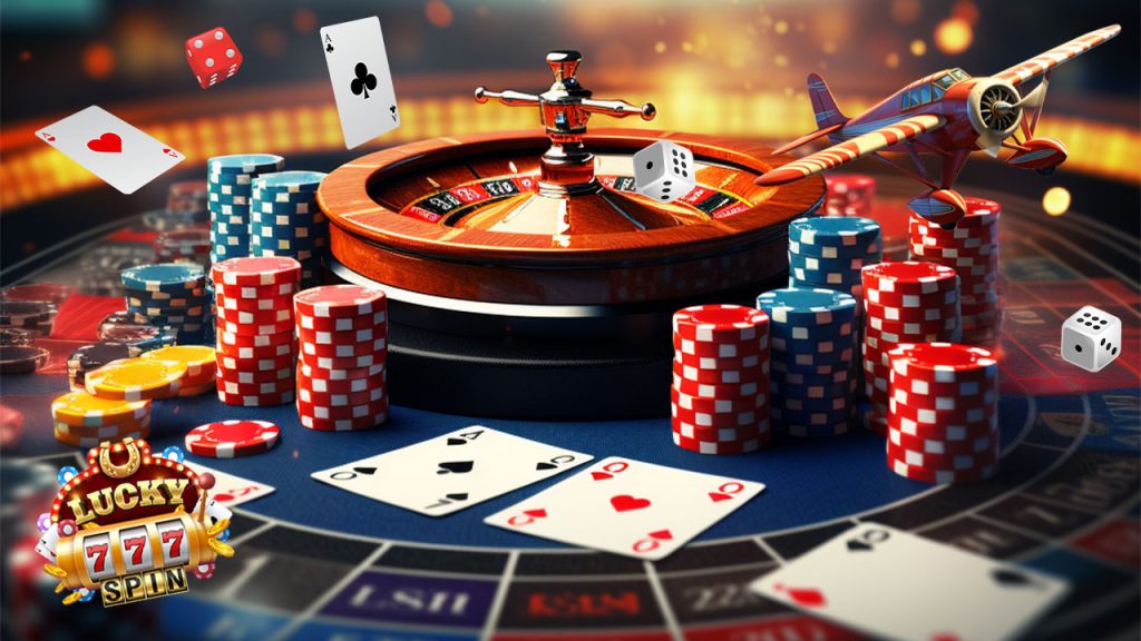 Casino checkers, cards, and dice on a Casino table.