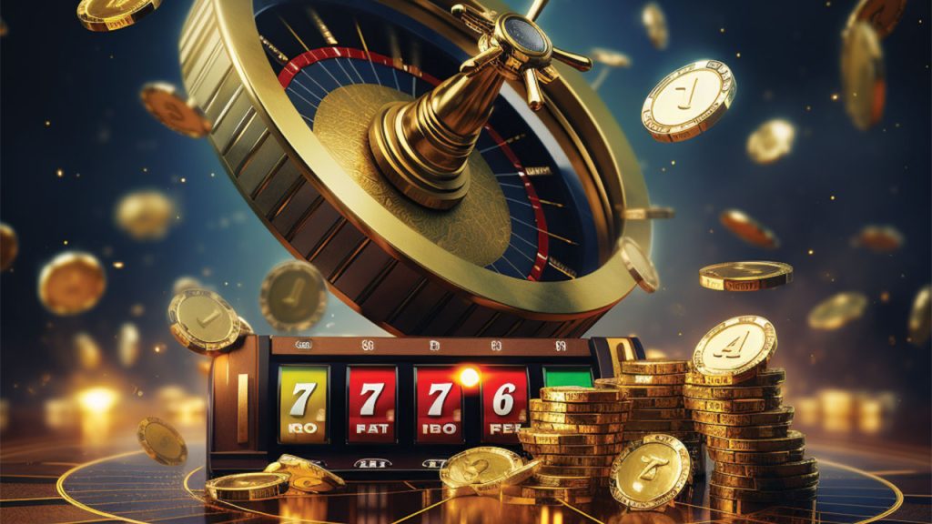 Alt: Casino wheel and coins floating in the air.